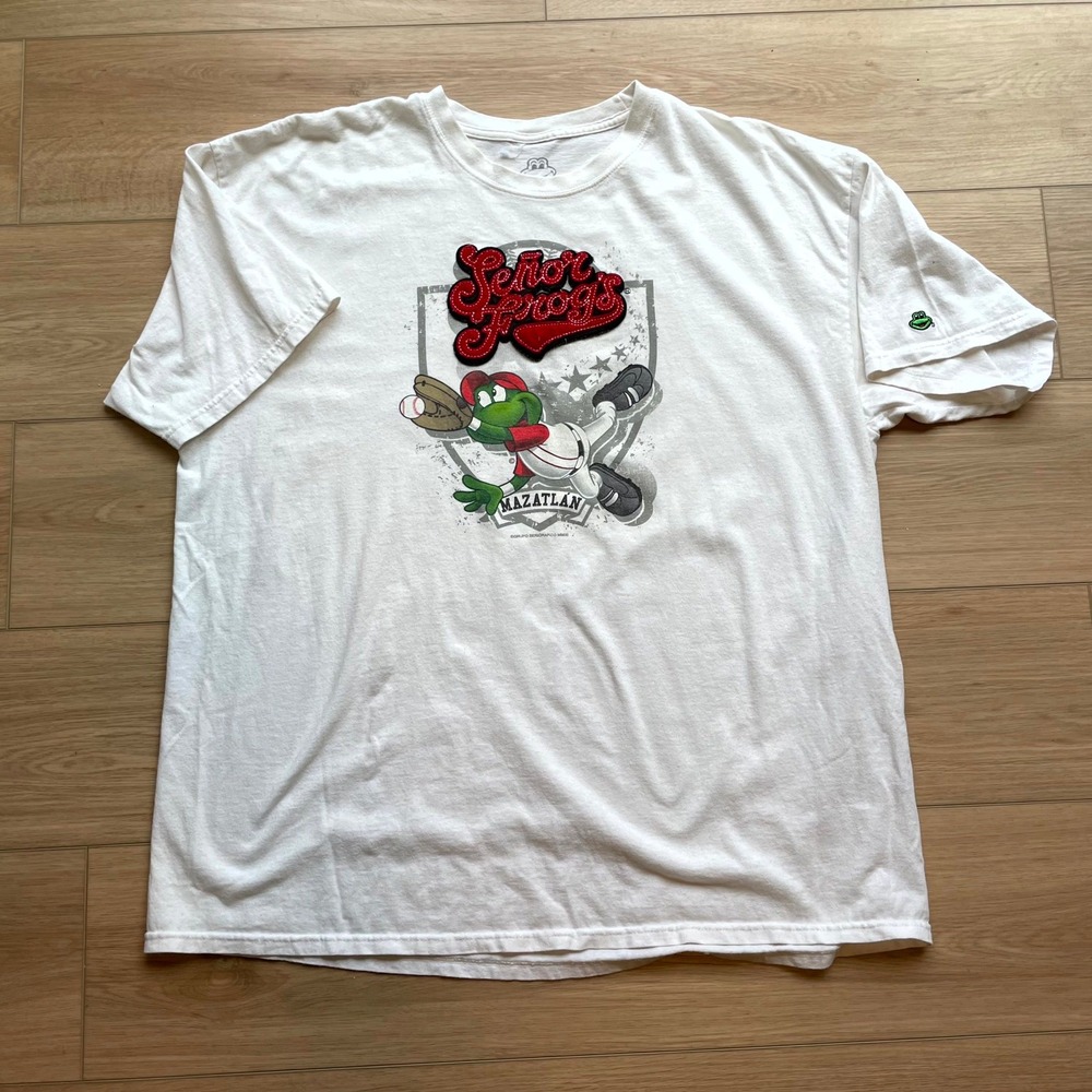 Senor Frogs Mazatlan Baseball Graphic T-Shirt White XXL Embroidered Logo Cotton